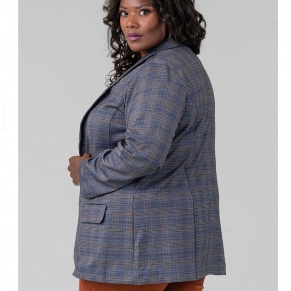 NWT Liverpool Los Angeles Plaid Boyfriend Blazer Blue Khaki Classic Fit Size 2x - Picture 2 of 7